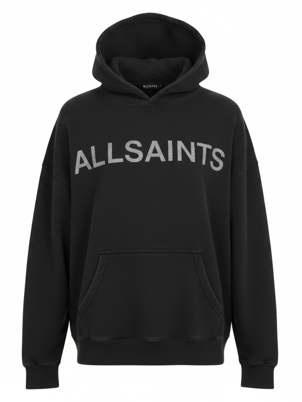All Saints Black Hoodie with Silver Logo Crewneck